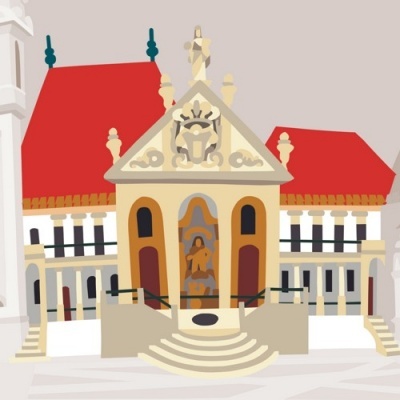 Ilustração de um edifício clássico com telhados vermelhos e colunas brancas.