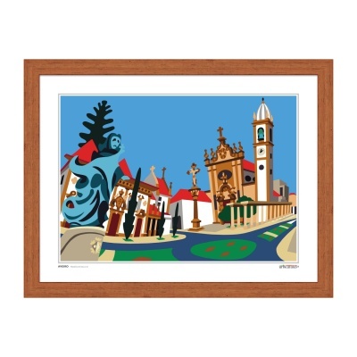 Ilustração colorida de monumentos arquitetónicos em quadro com moldura de madeira