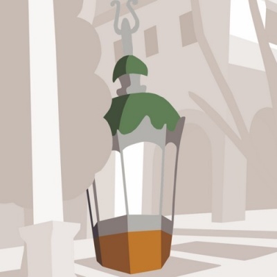 Luminária verde de metal com vidro transparente suspensa junto a árvores e edifícios estilizados.