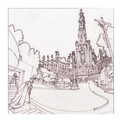 Desenho a lápis de praça com torre, estátuas e postes de iluminação