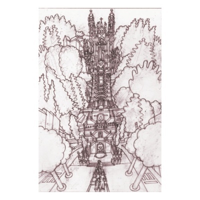 Desenho a lápis de torre e caminho entre árvores com pessoas