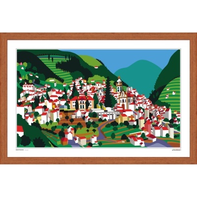 Gravura da vila em colinas com casas brancas e telhados vermelhos em moldura de madeira