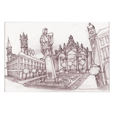 Desenho artístico a lápis de praça com estátua e edifícios históricos