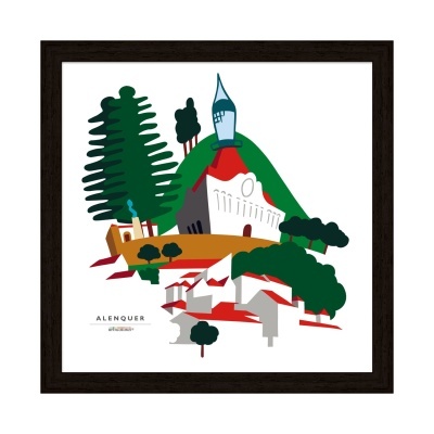 Ilustração artística colorida de Alenquer em moldura preta