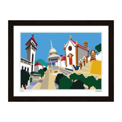 Gravura colorida de paisagem urbana com prédios históricos emoldurada a preto