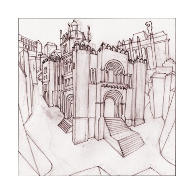 Desenho a lápis a preto e branco de edifício gótico com arcos e escadarias