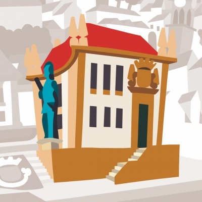 Ilustração de edifício histórico com escadas, estátua azul e brasão amarelo