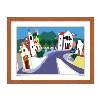 quadro com imagem ilustrativa de vila com casas brancas e telhados vermelhos