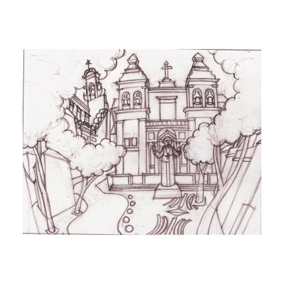 Desenho a lápis de igreja com duas torres, árvore e escultura