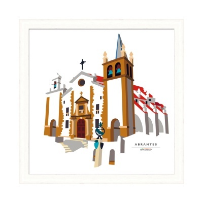 Ilustração de igreja de Abrantes com cores branco, castanho e vermelho em moldura branca