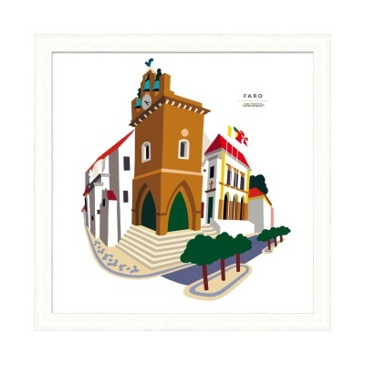 Ilustração de edifícios históricos de Faro com torre castanha e árvores verdes