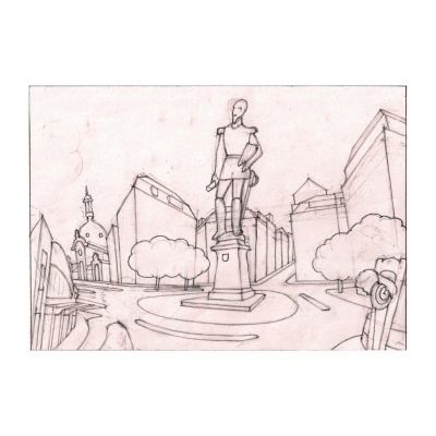 Desenho a lápis de estátua numa praça circular urbana