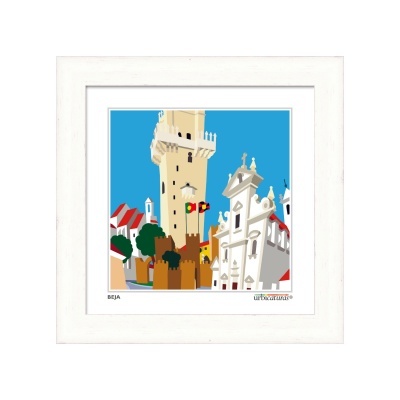 Quadro colorido da Torre de Menagem de Beja com igreja ao lado e céu azul