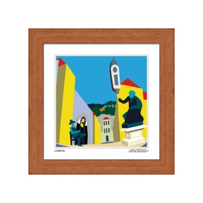 Gravura ilustrativa colorida de Lisboa em moldura de madeira castanha