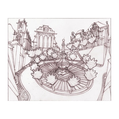 Desenho a linha de jardim público com fontes e árvores estilizadas em preto e branco