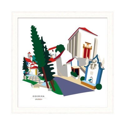 Imagem gráfica colorida de arquitetura e árvores com texto ODEMIRA Alentejo emoldurada.