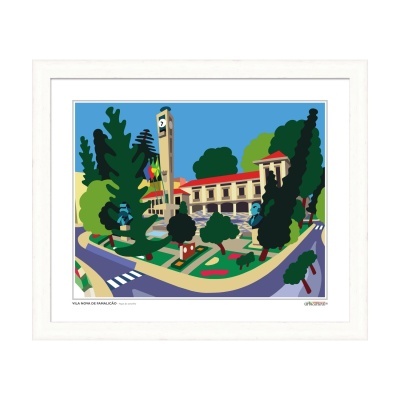 Ilustração colorida de edifício com torre do relógio e árvores em moldura branca