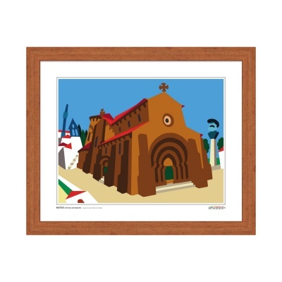 Ilustração gráfica de edifício histórico castanho com telhado vermelho e cruz, em moldura de madeira.