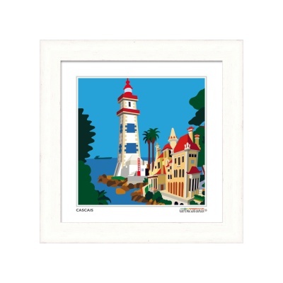Quadro decorativo ilustrando farol em Cascais com edifícios e palmeiras, moldura branca
