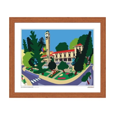 Impressão artística colorida em moldura de madeira de praça com edifício e relógio