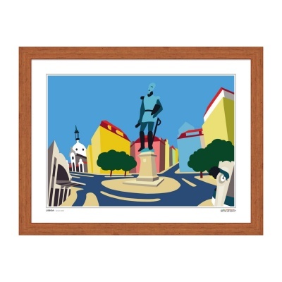 Ilustração colorida de praça com estátua de cavaleiro e edifícios