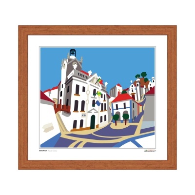 Ilustração digital colorida de edifícios em área urbana com moldura de madeira