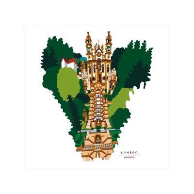 Ilustração colorida da escadaria de Lamego rodeada por árvores e vegetação