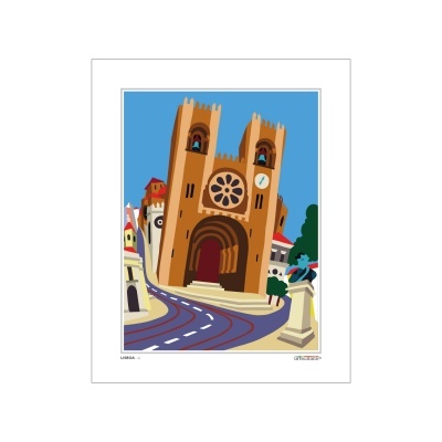 Ilustração de catedral com torres e relógio, estrada e estátua em pedestal.