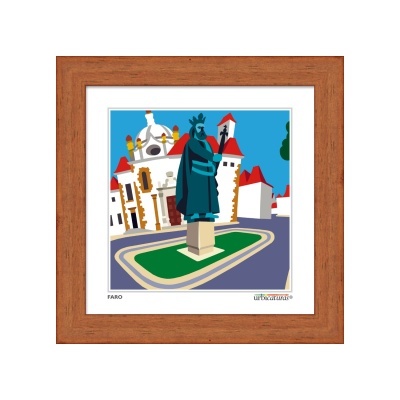 Gravura com moldura de madeira mostrando uma estátua e edifícios brancos com telhados vermelhos.