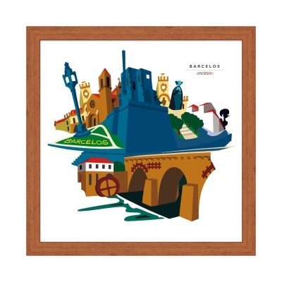 Ilustração colorida de marcos históricos de Barcelos em moldura de madeira