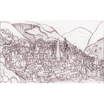 Desenho a traço monocromático de uma vila numa encosta com montanhas ao fundo