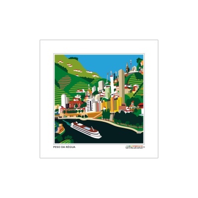 Ilustração colorida da cidade Peso da Régua com edifícios, rio e cruzeiro