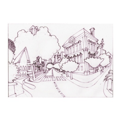 Desenho a preto e branco de uma rua urbana com edifícios e árvores