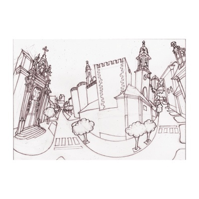 Desenho urbano em preto e branco com igreja, fortificação, árvores e ruas