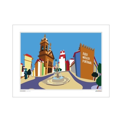 Ilustração de uma rua com igreja, farol, fonte e mural com texto 'AQUI NASCEU PORTUGAL'