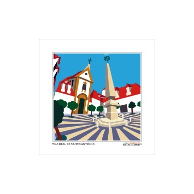 Ilustração colorida de praça com igreja, obelisco e edifícios em Vila Real de Santo António