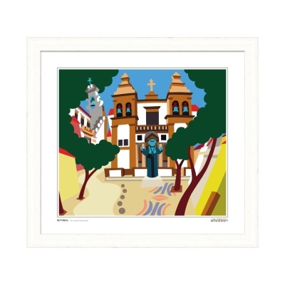 Gravura digital colorida de igreja com estatua e árvores emoldurada