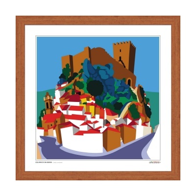 Ilustração colorida de aldeia com castelo e casas brancas com telhados vermelhos dentro de moldura castanha