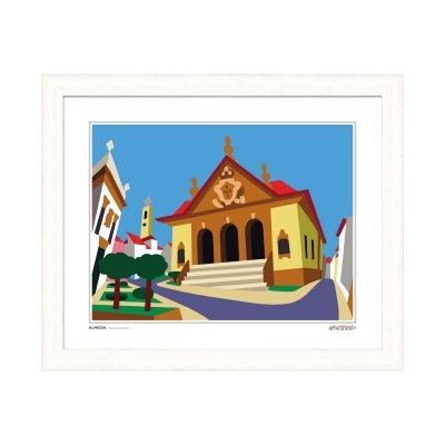 Ilustração gráfica de igreja amarela com telhado vermelho em quadro branco