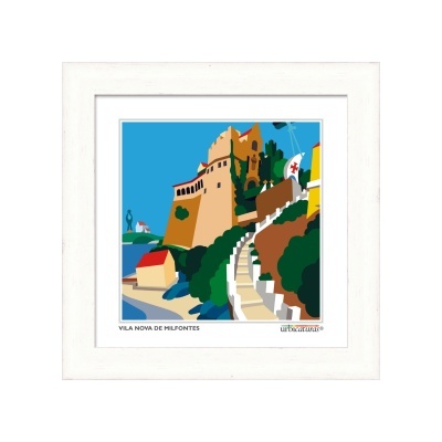 Quadro branco com imagem colorida de Vila Nova de Milfontes e texto