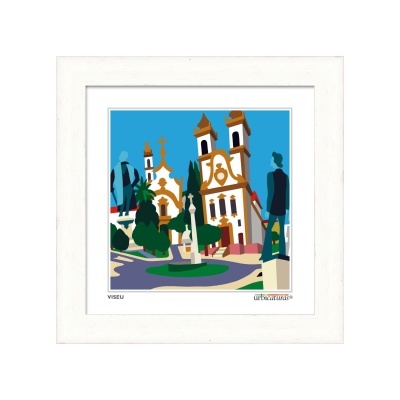 Ilustração colorida de edifícios históricos em Viseu com moldura branca