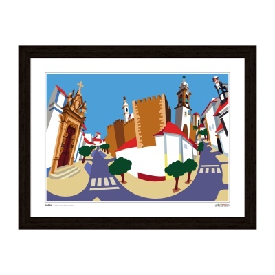 Quadro com imagem digital colorida de rua com edifícios brancos, castelo castanho e céu azul