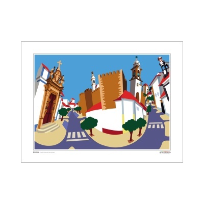 Cartaz colorido com ilustração digital de uma rua com igreja, casas brancas e árvores verdes