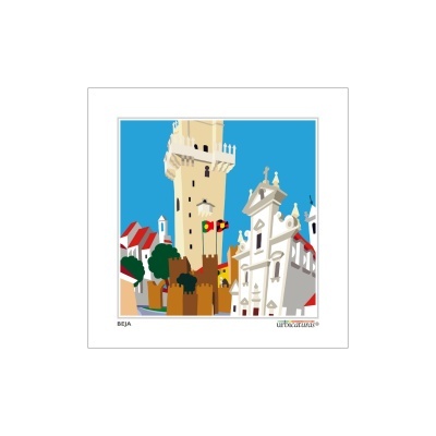 Ilustração digital de torre alta e edifício branco com detalhes arquitectónicos e céu azul