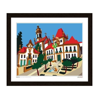 Ilustração colorida de edifícios históricos com telhados vermelhos, árvores e fonte central em quadro emoldurado.