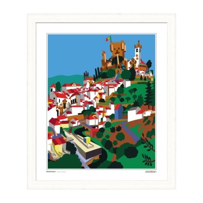 Ilustração colorida de vila com castelo e casas brancas de telhado vermelho