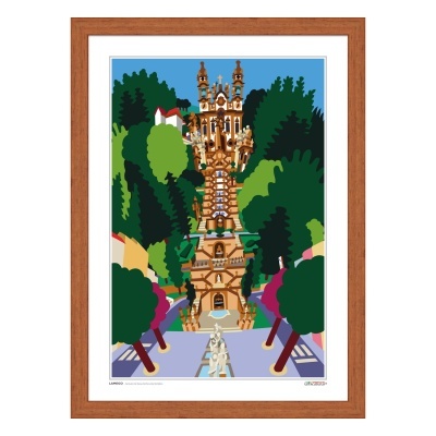 Gravura colorida de escadaria monumental entre árvores emoldurada em madeira