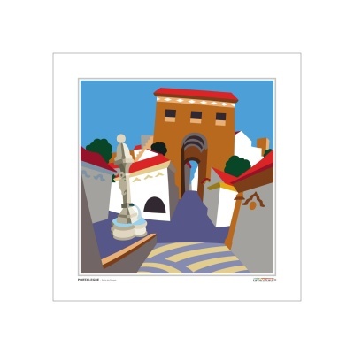 Desenho estilizado de rua portuguesa com edifícios brancos e telhados vermelhos