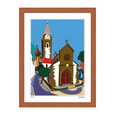 Ilustração de igreja com torre de relógio e figura feminina ao lado em moldura de madeira