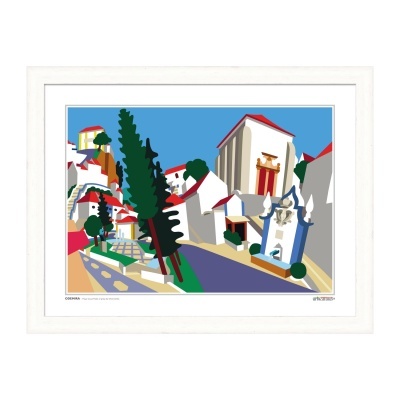 Ilustração colorida de uma paisagem urbana com árvores e edifícios em moldura branca